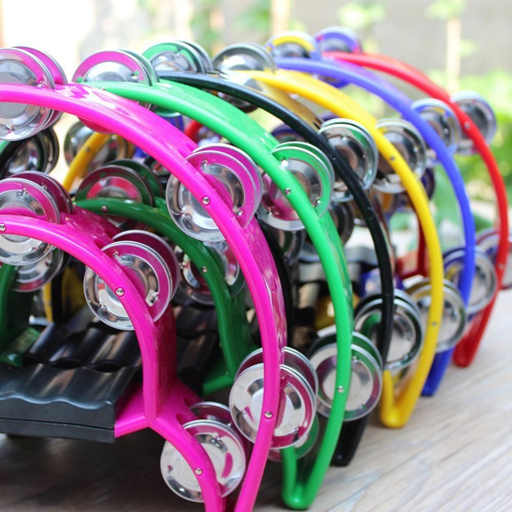 Double Row Handheld Tambourine Metal Jingles Hand Held Plastic Musical Percussion Drum Half Moon Hand Bell for Adults Kids KTV Party Bar