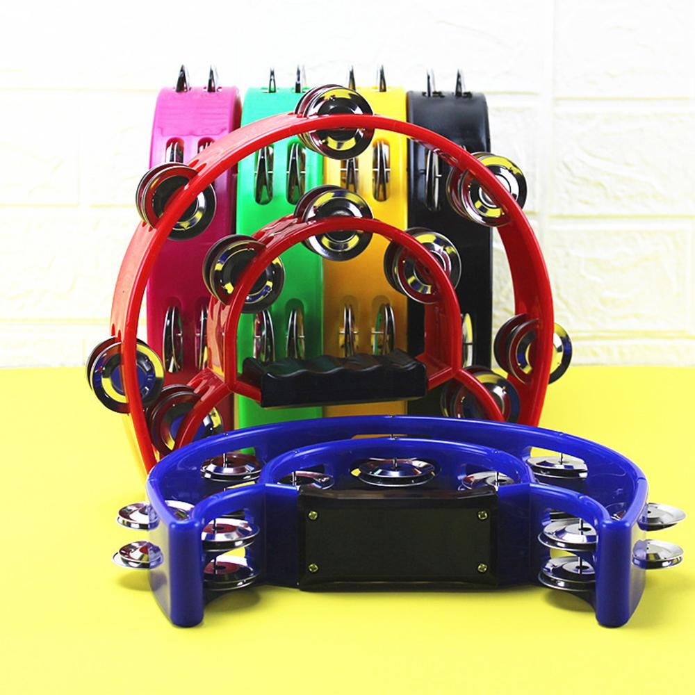 Double Row Handheld Tambourine Metal Jingles Hand Held Plastic Musical Percussion Drum Half Moon Hand Bell for Adults Kids KTV Party Bar