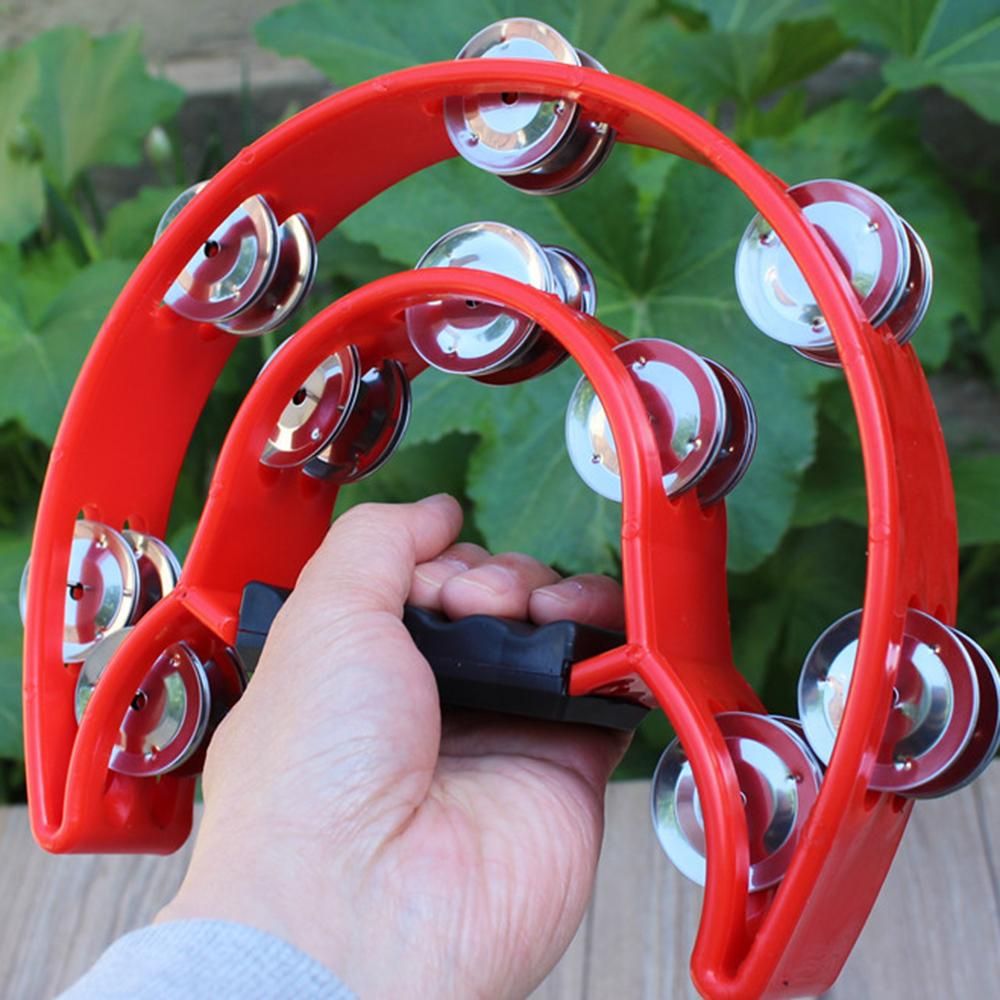 Double Row Handheld Tambourine Metal Jingles Hand Held Plastic Musical Percussion Drum Half Moon Hand Bell for Adults Kids KTV Party Bar