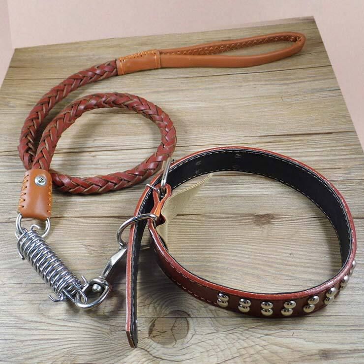 Pet Dog Collar Real Cowhide Strong Ty Chain Traction Rope