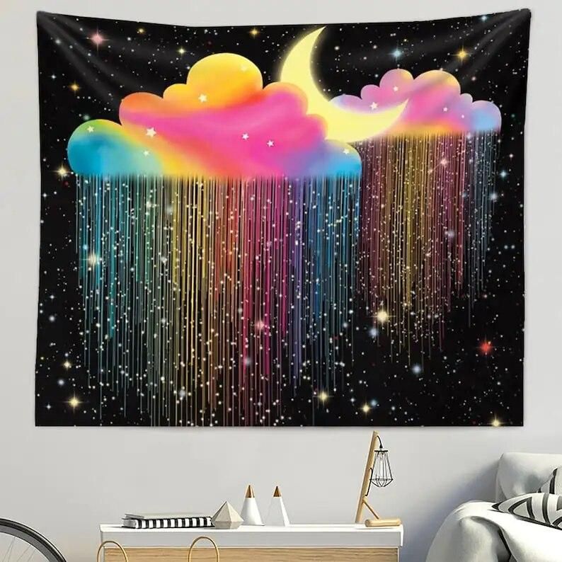 Rainbow Clouds TapestryBright Moon Tapestry Wall HangingFantasy Landscape Tapestry TapestryStarry Sky Background ClothWall Art