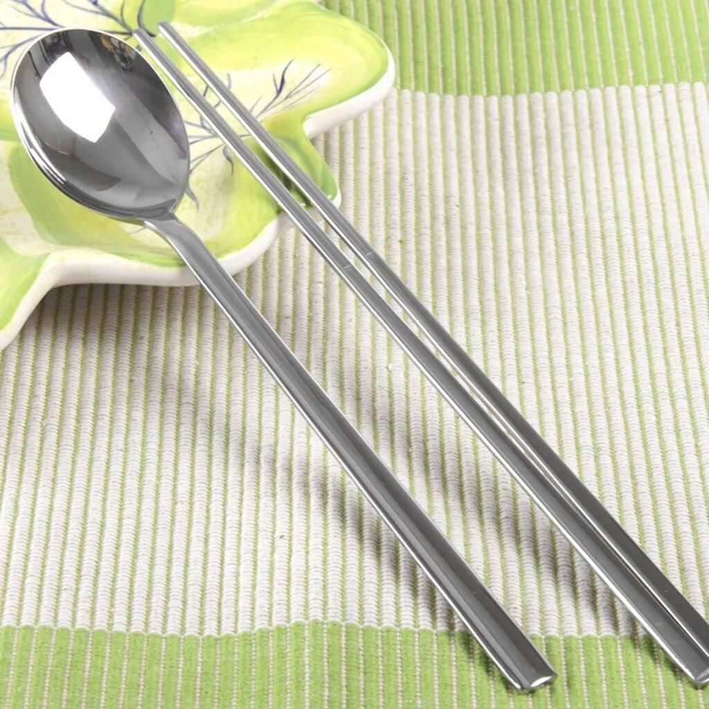 Korean 2 sets Stainless Steel Chopsticks & Spoon Home Dinner Tableware