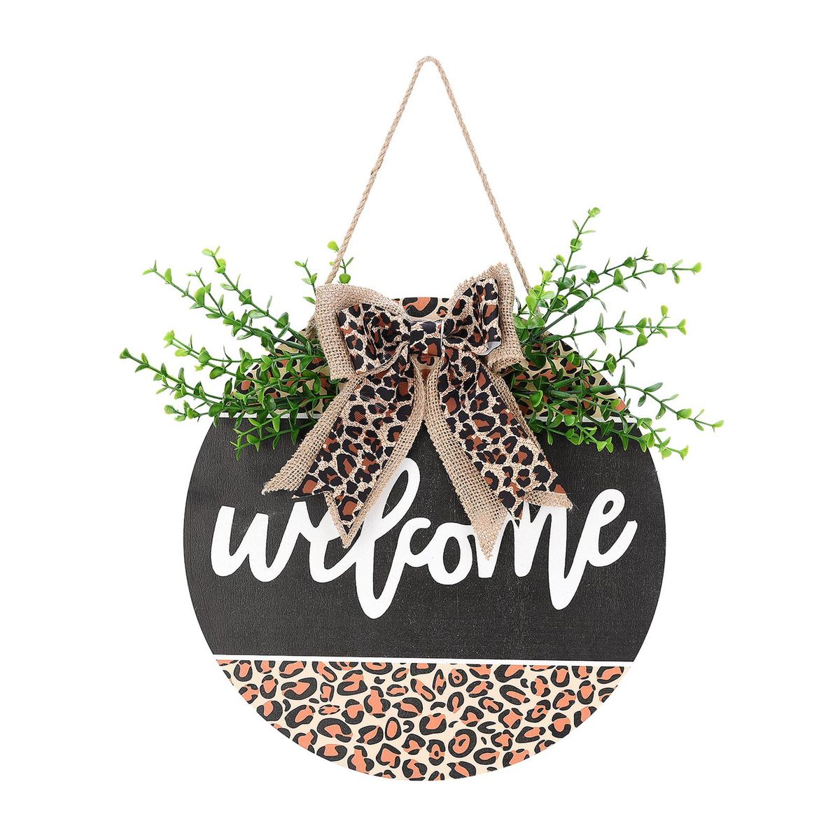Welcome Door Pendant Wooden Doorplate Leopard Print Pattern Welcome Letters Hanging Lanyard Rustic Door Porch Wall Decoration