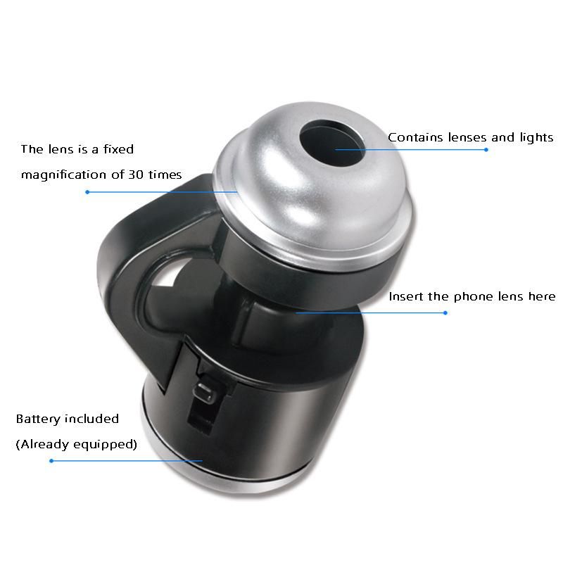 30X Zoom Bright LED Microscope Magnifier Clip-on Cell Phone Mobile Phone Camera Lens for Smartphone PCB Inspection Tool