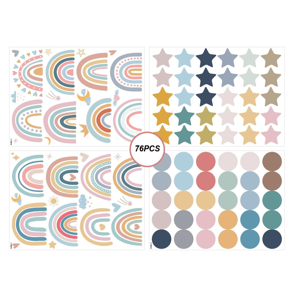 4 Sheets Cute Wall Decals DIY Rainbow Dots Stars Theme Boys Kids Room Wall Stickers Removable Vinyl Wall Art Decor for Home Kindergarten Nursery Decorations