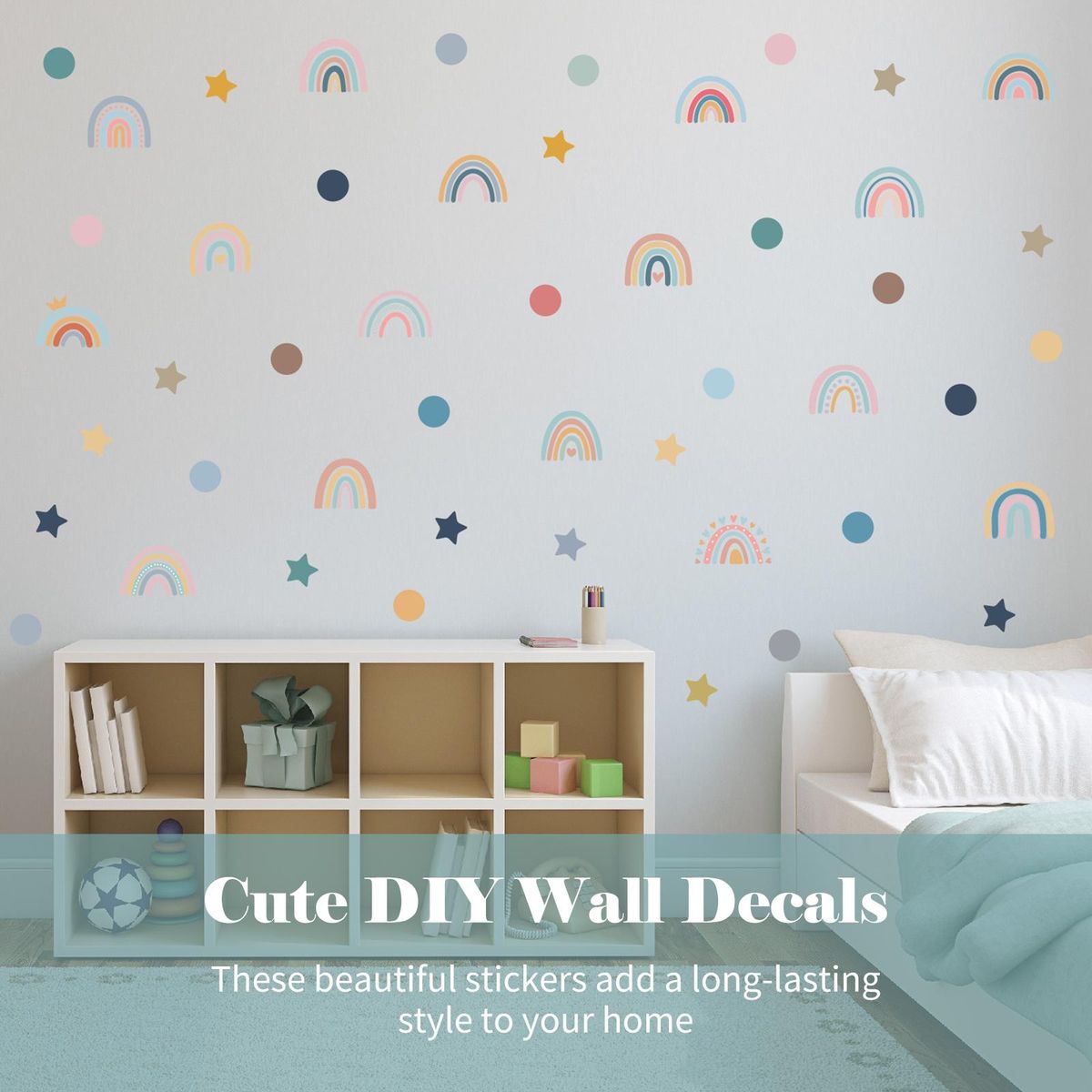 4 Sheets Cute Wall Decals DIY Rainbow Dots Stars Theme Boys Kids Room Wall Stickers Removable Vinyl Wall Art Decor for Home Kindergarten Nursery Decorations