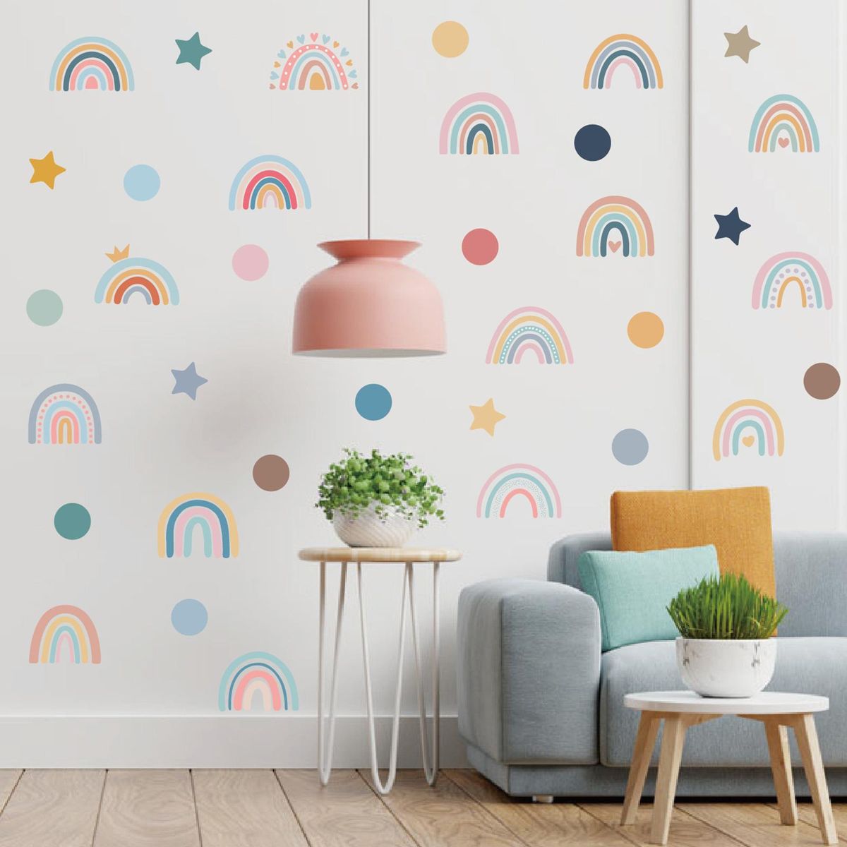 4 Sheets Cute Wall Decals DIY Rainbow Dots Stars Theme Boys Kids Room Wall Stickers Removable Vinyl Wall Art Decor for Home Kindergarten Nursery Decorations