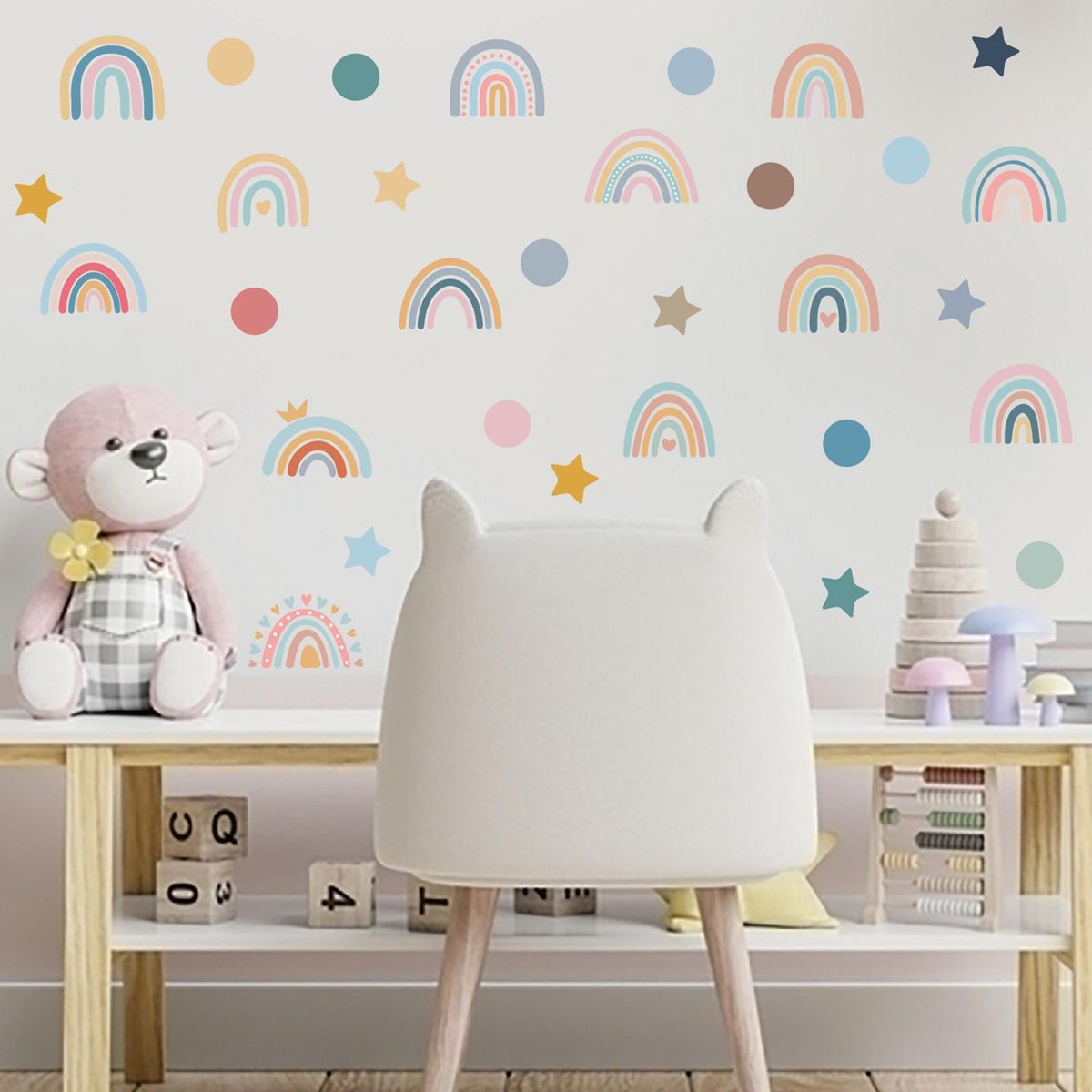 4 Sheets Cute Wall Decals DIY Rainbow Dots Stars Theme Boys Kids Room Wall Stickers Removable Vinyl Wall Art Decor for Home Kindergarten Nursery Decorations
