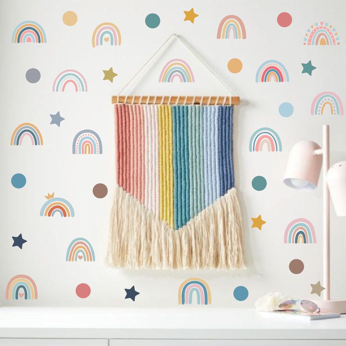 4 Sheets Cute Wall Decals DIY Rainbow Dots Stars Theme Boys Kids Room Wall Stickers Removable Vinyl Wall Art Decor for Home Kindergarten Nursery Decorations