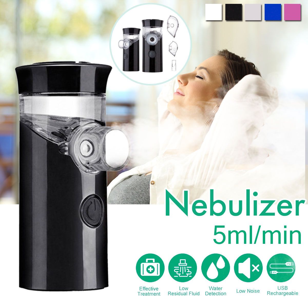 15ml Ultra-quie Handheld Low Noise Ultrasonic Inhaler Nebulizer Machine Humidifier Adult & Kid Atomizer Home Health Asthma Black