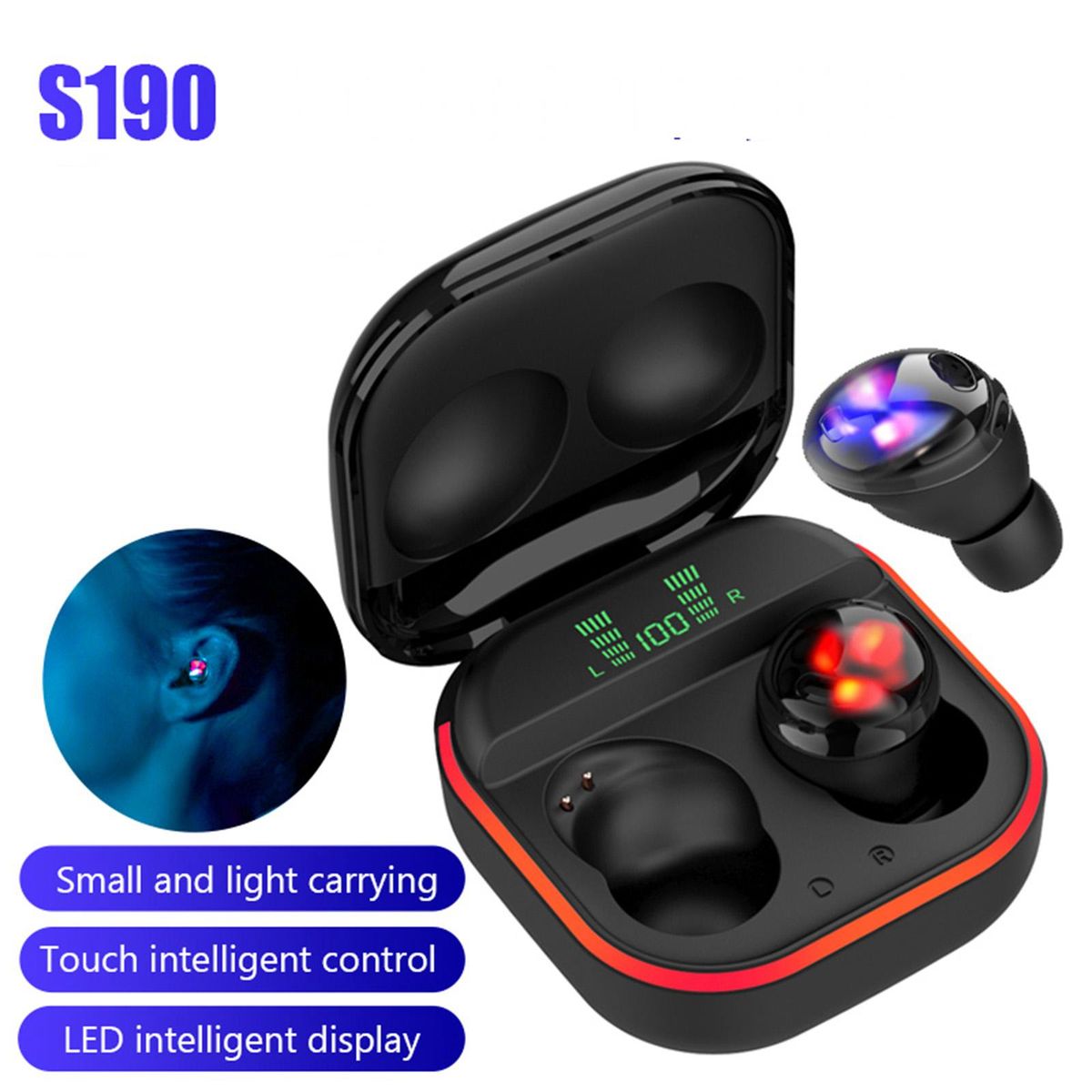 S190 Wireless Earbuds in-Ear Headphone LED-Digital Display BT Earphones Sport Earbuds for Music Game Call Compatible with iOS Android