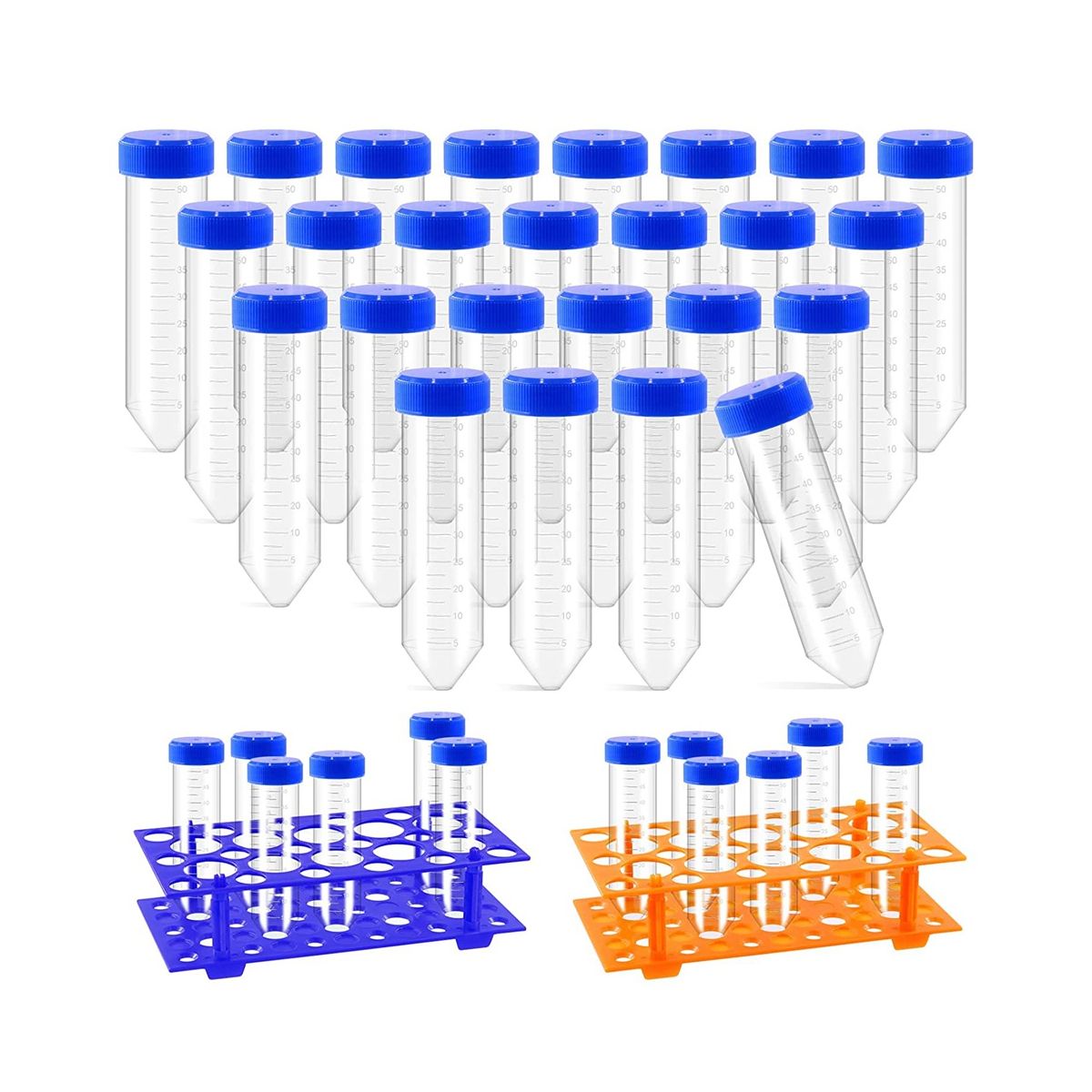 27Pcs 50Ml Plastic Test Tubes with Test Tube Rack Including 25Pcs Plastic Centrifuge Tubes and 2Pcs Blue Orange B