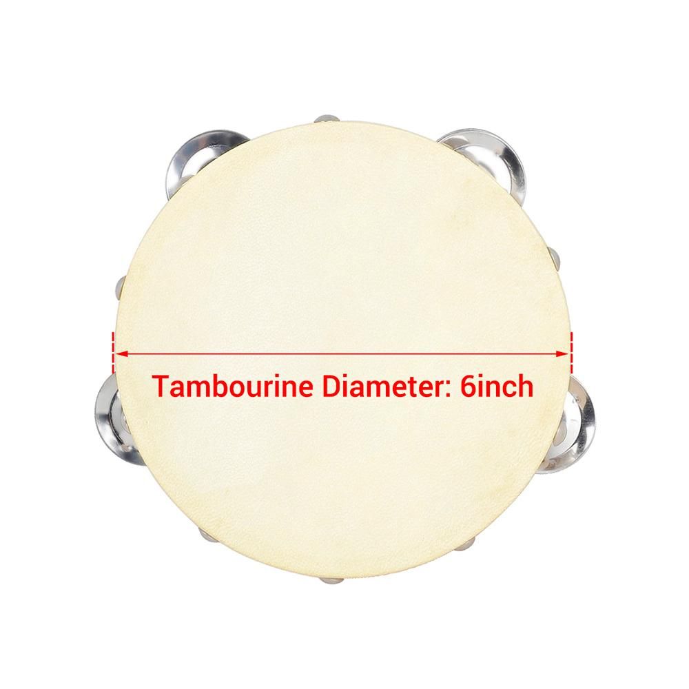 6inch Wooden Tambourine Handbell Hand Drum Sheepskin Drum Head Double Row Jingles Percussion Instrument for Children Musical Toy