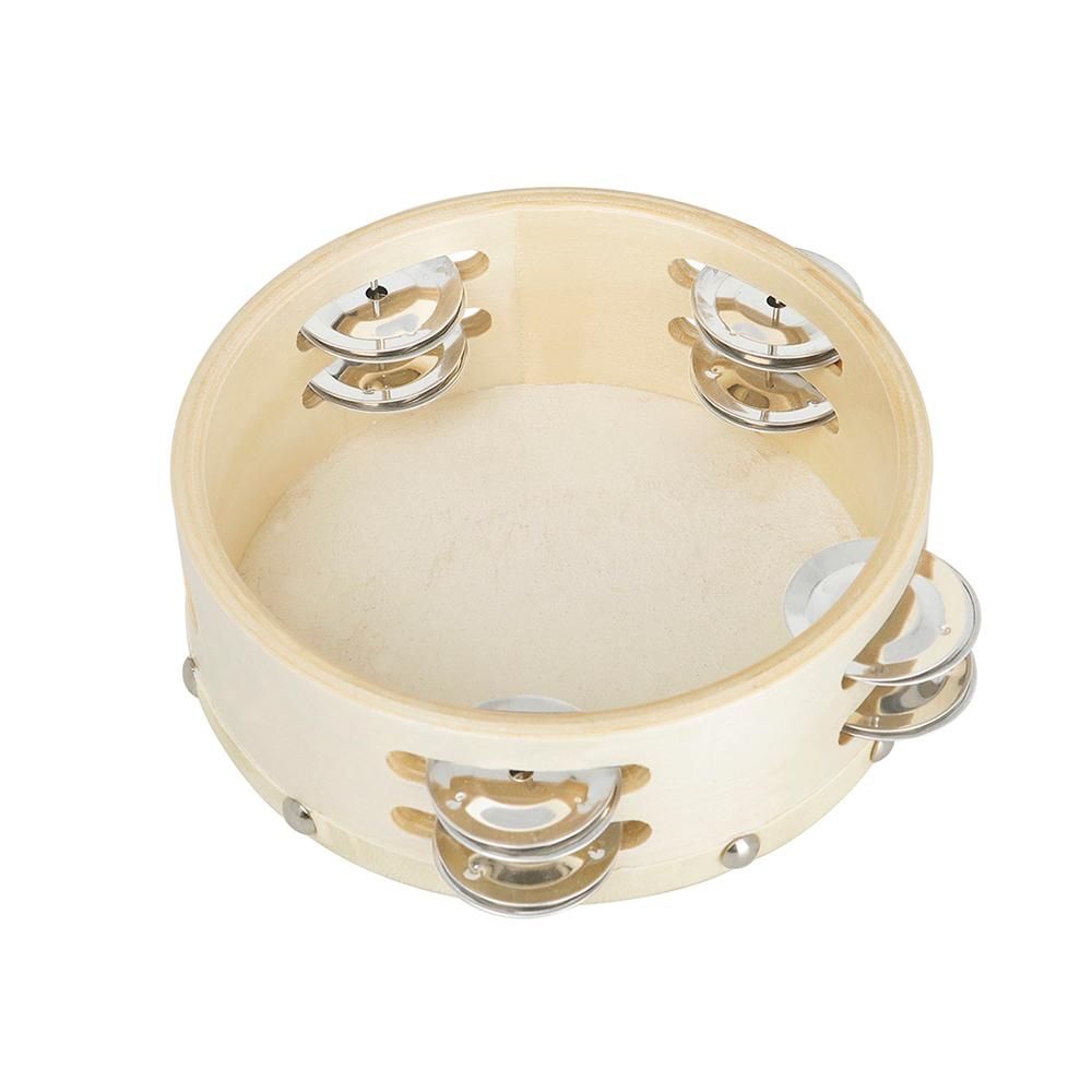 6inch Wooden Tambourine Handbell Hand Drum Sheepskin Drum Head Double Row Jingles Percussion Instrument for Children Musical Toy