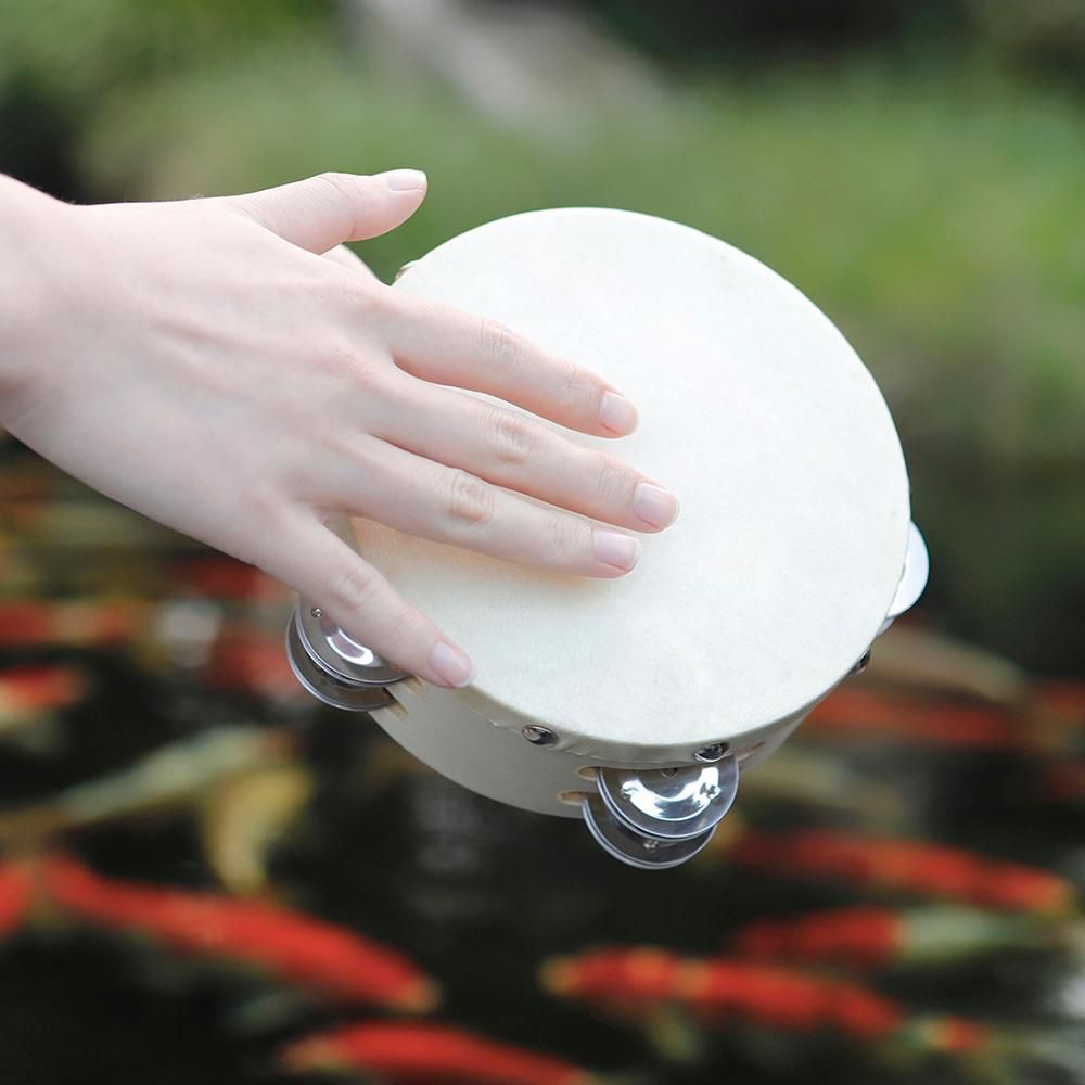 6inch Wooden Tambourine Handbell Hand Drum Sheepskin Drum Head Double Row Jingles Percussion Instrument for Children Musical Toy