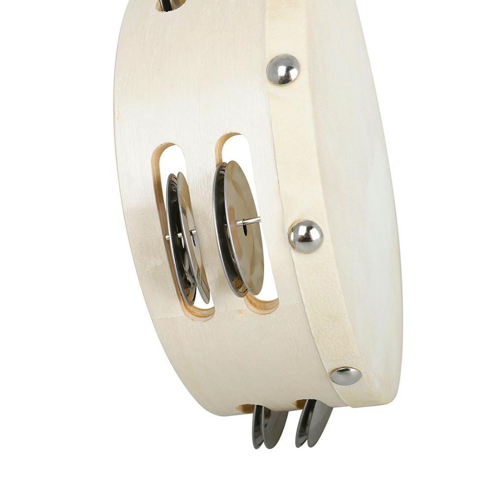 6inch Wooden Tambourine Handbell Hand Drum Sheepskin Drum Head Double Row Jingles Percussion Instrument for Children Musical Toy