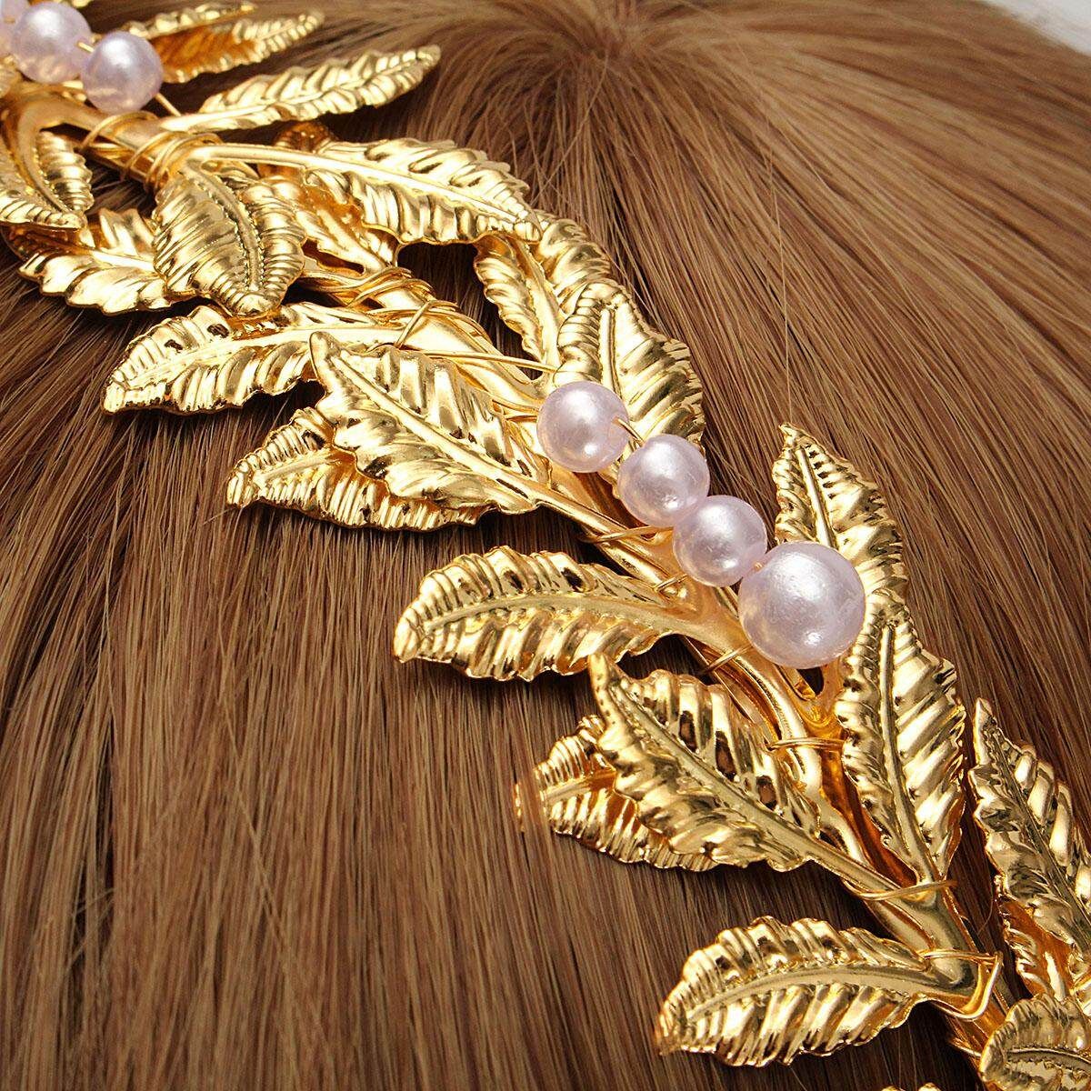 4PCS Grecian Retro Golden Leaves Pearl Headband Crown Wedding Party Hair Accessories