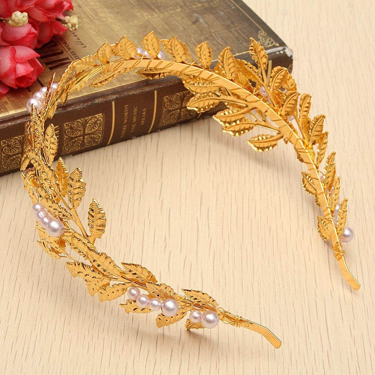 4PCS Grecian Retro Golden Leaves Pearl Headband Crown Wedding Party Hair Accessories