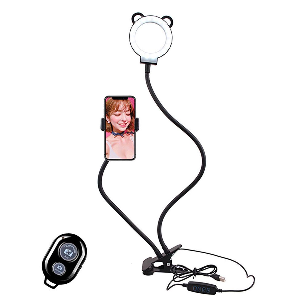 2-in-1 Clip-on Smartphone Holder with Selfie Light 360° Rotation Long Arm Flexible Desktop Metal Bracket Stand with Dimmable Led Fill Light for Live Stream