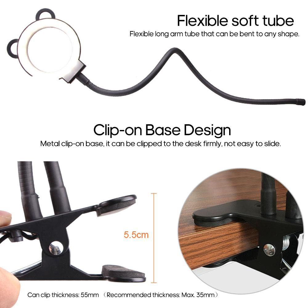 2-in-1 Clip-on Smartphone Holder with Selfie Light 360° Rotation Long Arm Flexible Desktop Metal Bracket Stand with Dimmable Led Fill Light for Live Stream