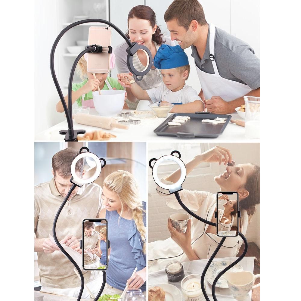 2-in-1 Clip-on Smartphone Holder with Selfie Light 360° Rotation Long Arm Flexible Desktop Metal Bracket Stand with Dimmable Led Fill Light for Live Stream