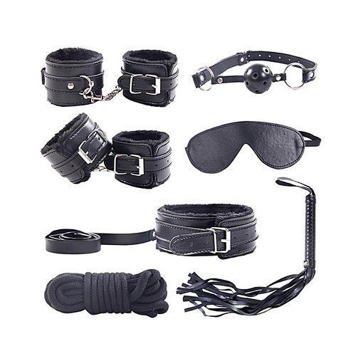 Sexy Furry Fuzzy Lad's Bed Bondage Restraint Set Kit Ball Gag Cuff Whip Collar Sex Toy 7 Pieces/Set