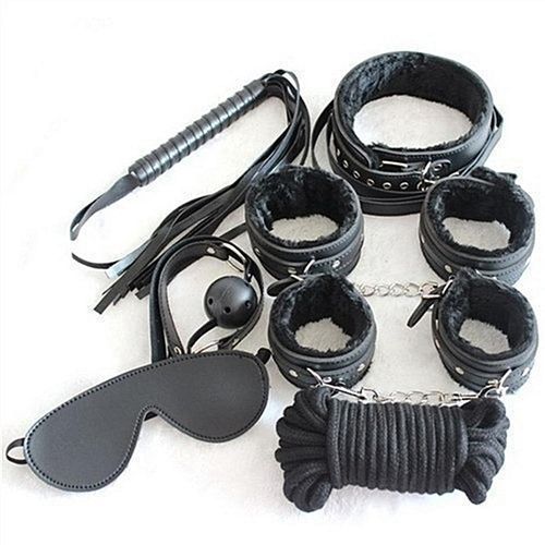 Sexy Furry Fuzzy Lad's Bed Bondage Restraint Set Kit Ball Gag Cuff Whip Collar Sex Toy 7 Pieces/Set