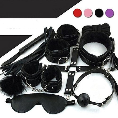 Sexy Furry Fuzzy Lad's Bed Bondage Restraint Set Kit Ball Gag Cuff Whip Collar Sex Toy 7 Pieces/Set