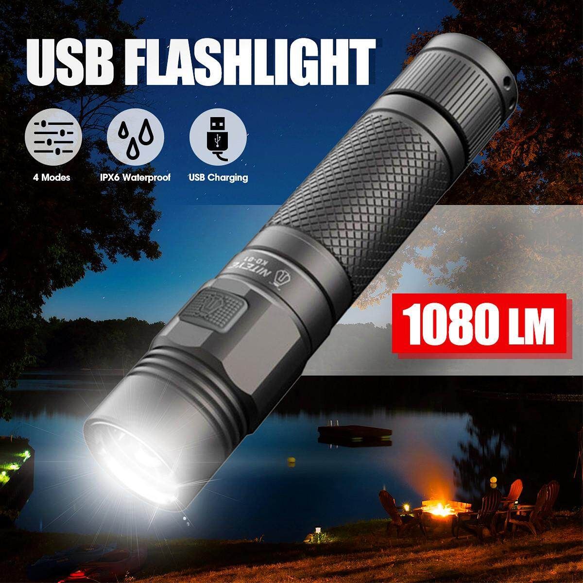 1080LM LED Lampe De Poche Torche 4 Modes USB Rechargeable Portable Tactique IPX6