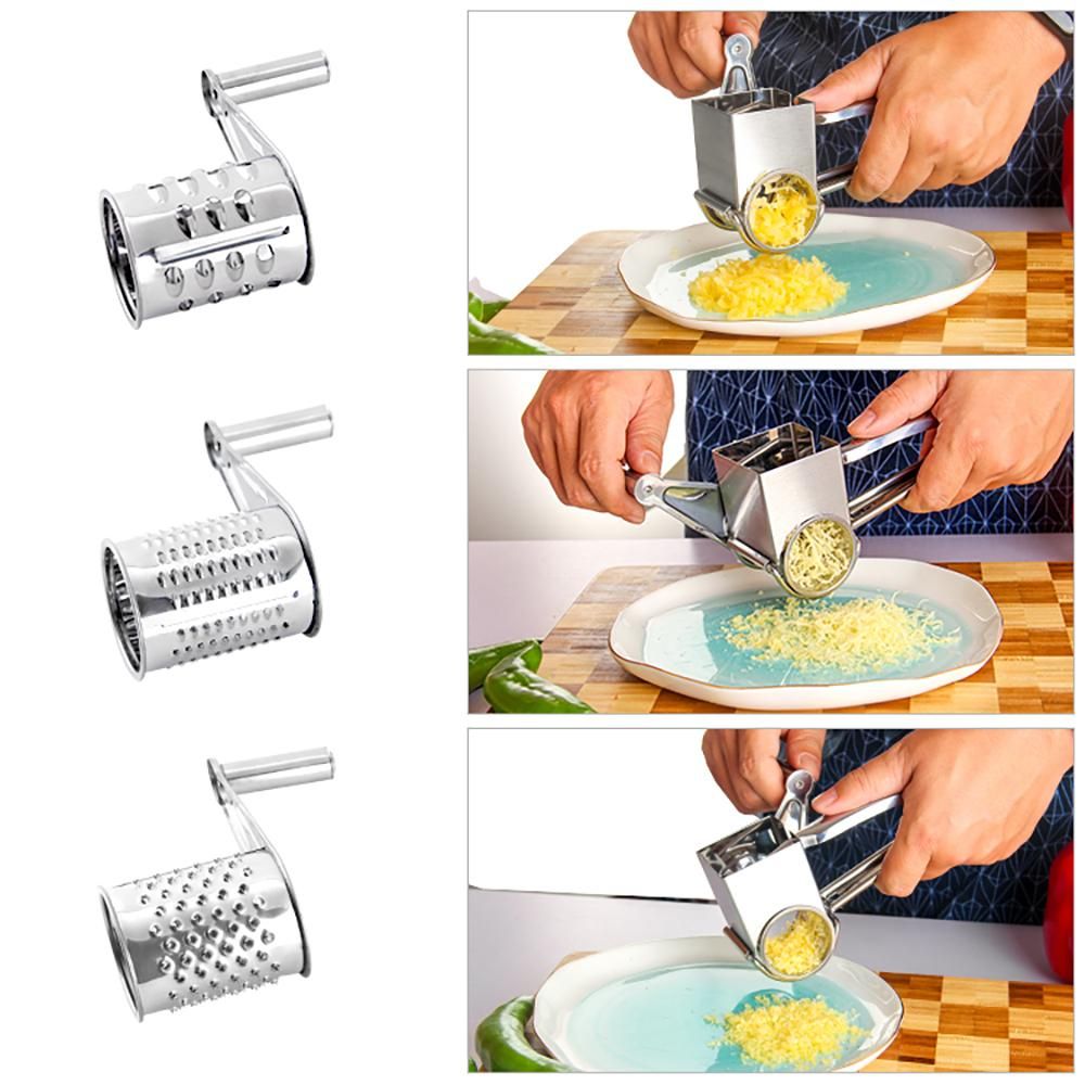 Stainless Steel Manual Rotary Cheese Grater Slicer Multi-Purpose Cheeses Carrots Cucumbers Cutter Shredder with 3 Interchanging Drums