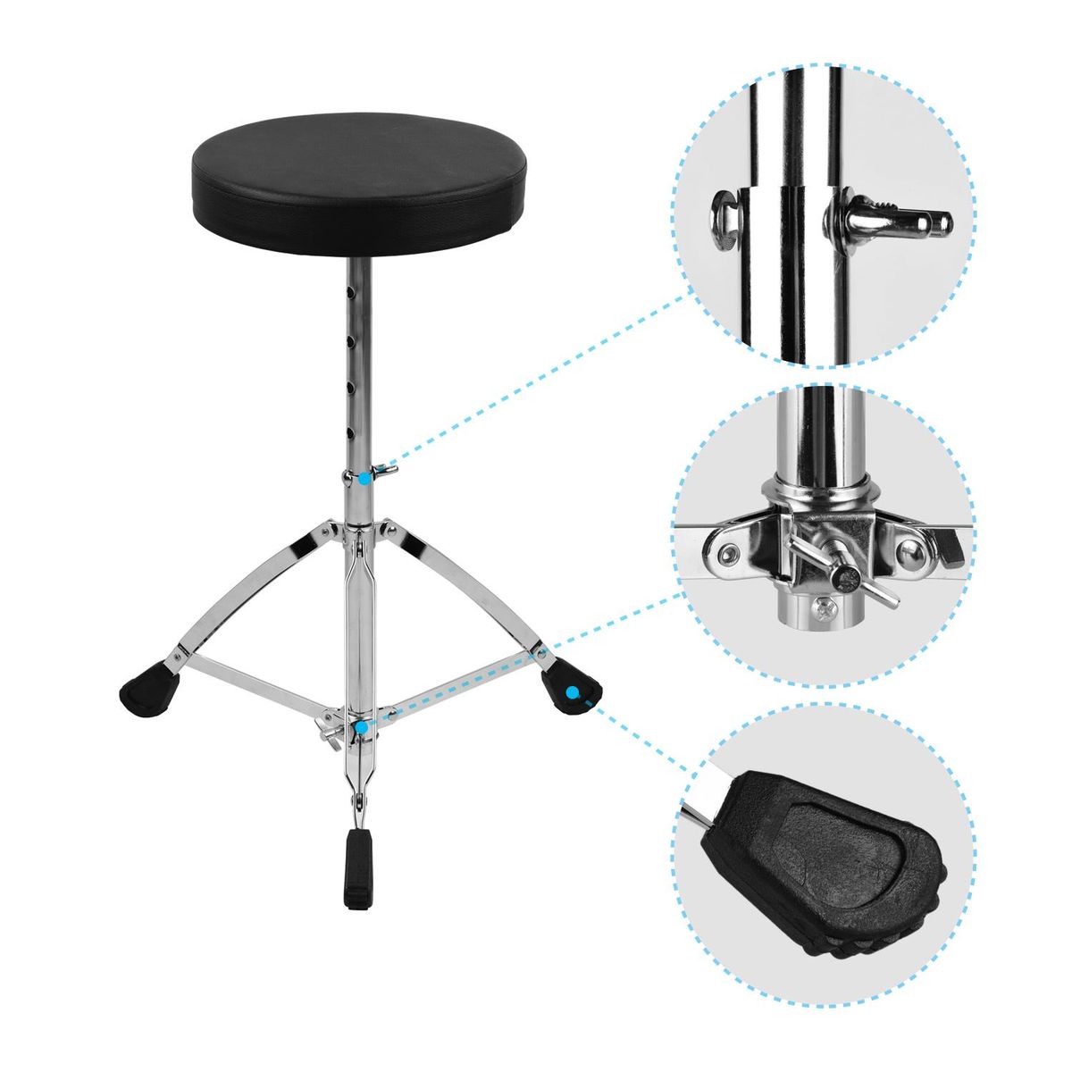 Universal Drum Throne Round Padded Drum Seat Stool Double-braced Stainless Steel Legs Anti-slip 5 Levels Adajustable Height for Adult Drummers