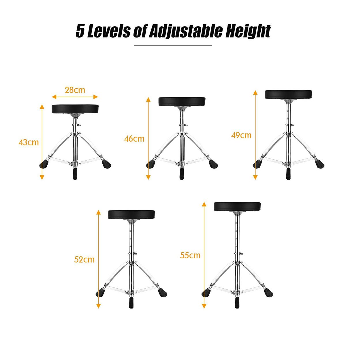 Universal Drum Throne Round Padded Drum Seat Stool Double-braced Stainless Steel Legs Anti-slip 5 Levels Adajustable Height for Adult Drummers