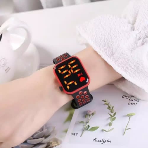 Unisex Cube Yellow Display Hollow Out Strap Digital Led Watch- Red