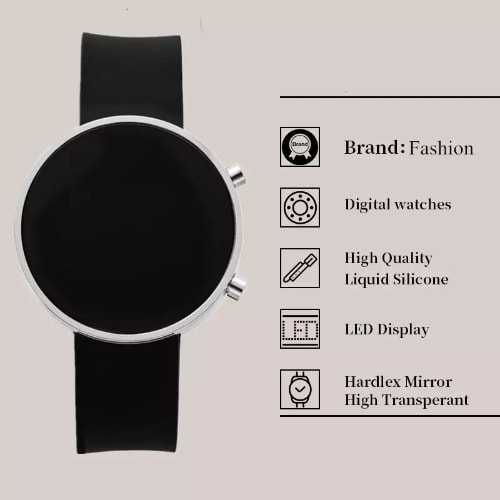 Round Faced White Bezel Silicone LED Watch- Black