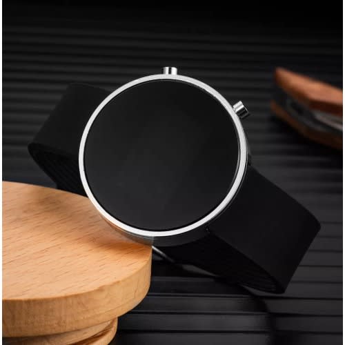 Round Faced White Bezel Silicone LED Watch- Black