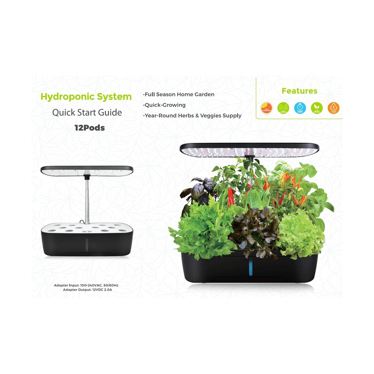 Hydroponics Growing System 12 Pods Indoor Herb Garden with Led Grow Light Planter White EU Plug