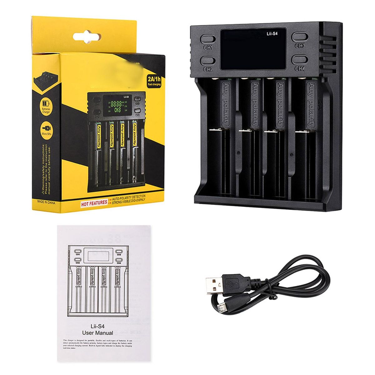 LII-S4 Battery Charger LCD 4 Slot for 26650 21700 18350 AA AA Lithium NiMH Battery Auto-polarity Detector Charger