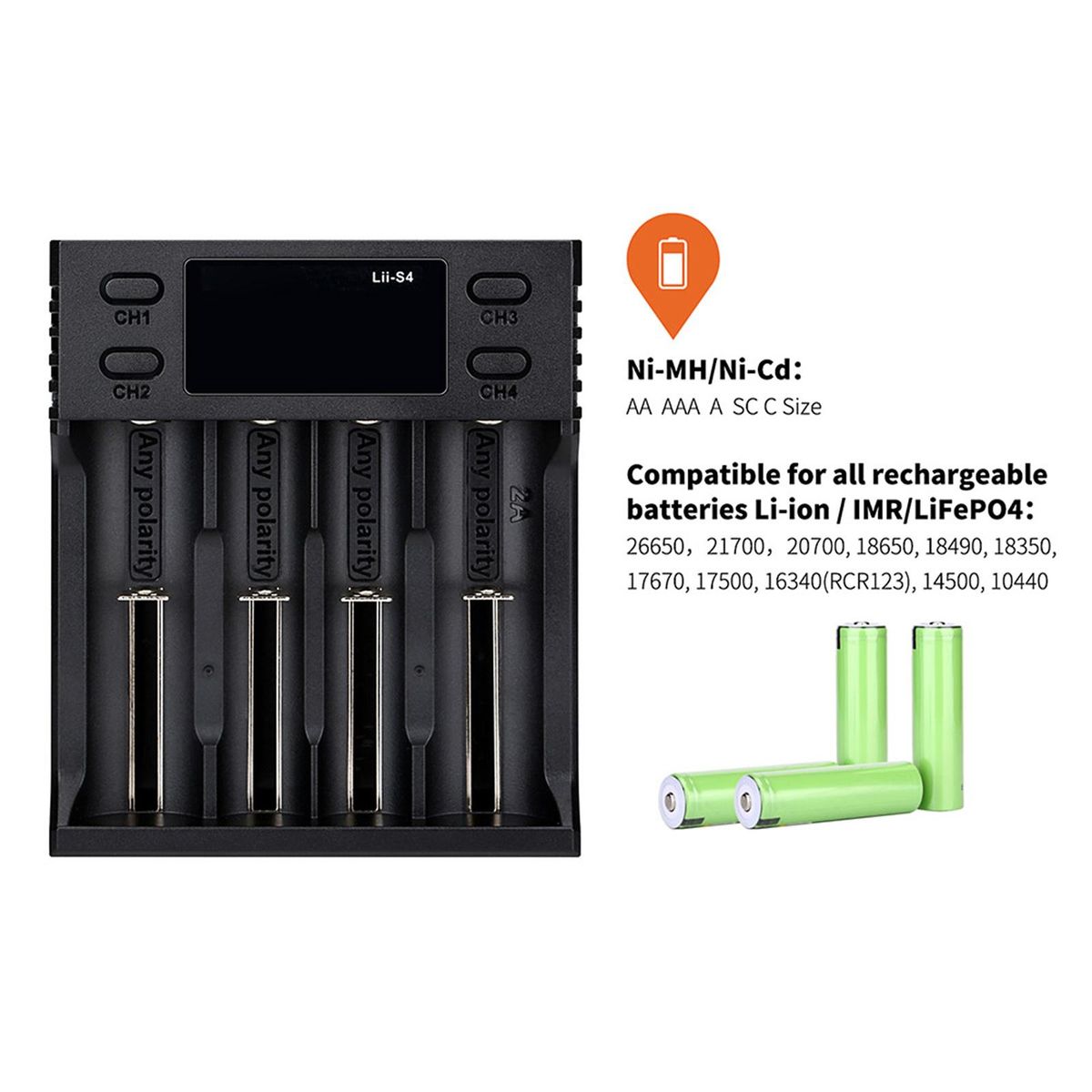 LII-S4 Battery Charger LCD 4 Slot for 26650 21700 18350 AA AA Lithium NiMH Battery Auto-polarity Detector Charger