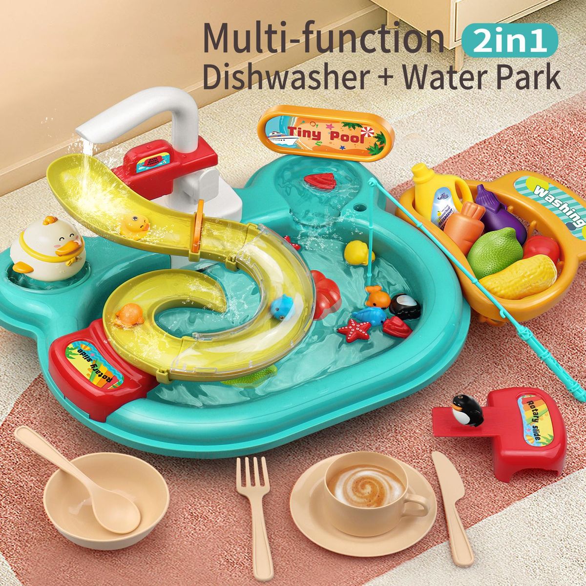 Multi-function Toddler Toy Sink 2-in-1 Kitchen Toys Electric Dishwasher with Running Water Pretend Role Play Toys for Kids with A Water Slide 22pcs Kitchen Accessories 180°Rotatable Water Faucet