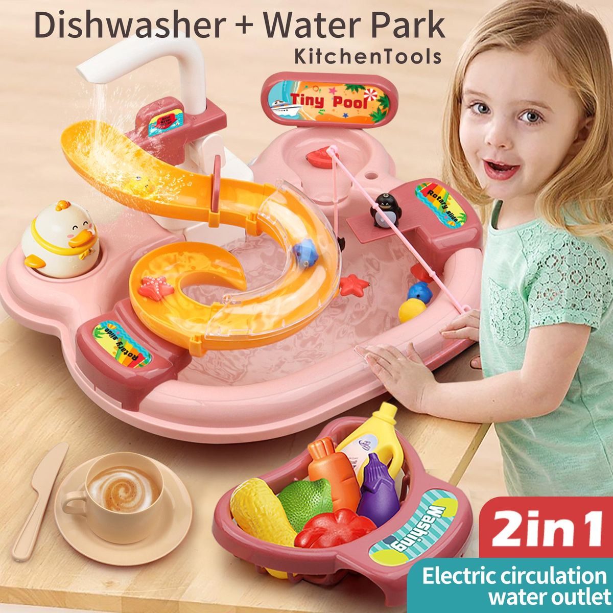Multi-function Toddler Toy Sink 2-in-1 Kitchen Toys Electric Dishwasher with Running Water Pretend Role Play Toys for Kids with A Water Slide 22pcs Kitchen Accessories 180°Rotatable Water Faucet
