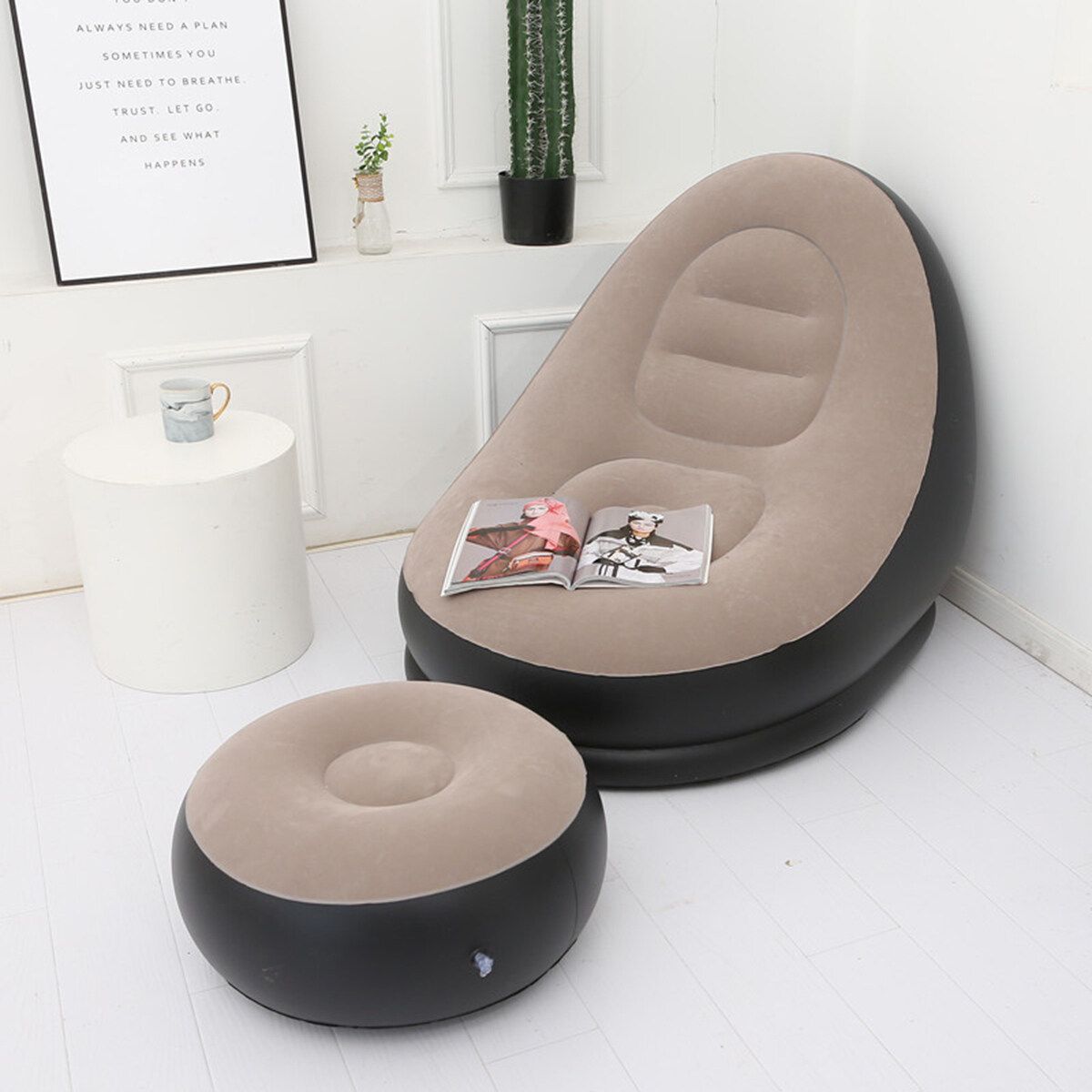 Large Inflatable Lounge Chair Ottoman Set Portable Sofa Footrest Travel Coffee