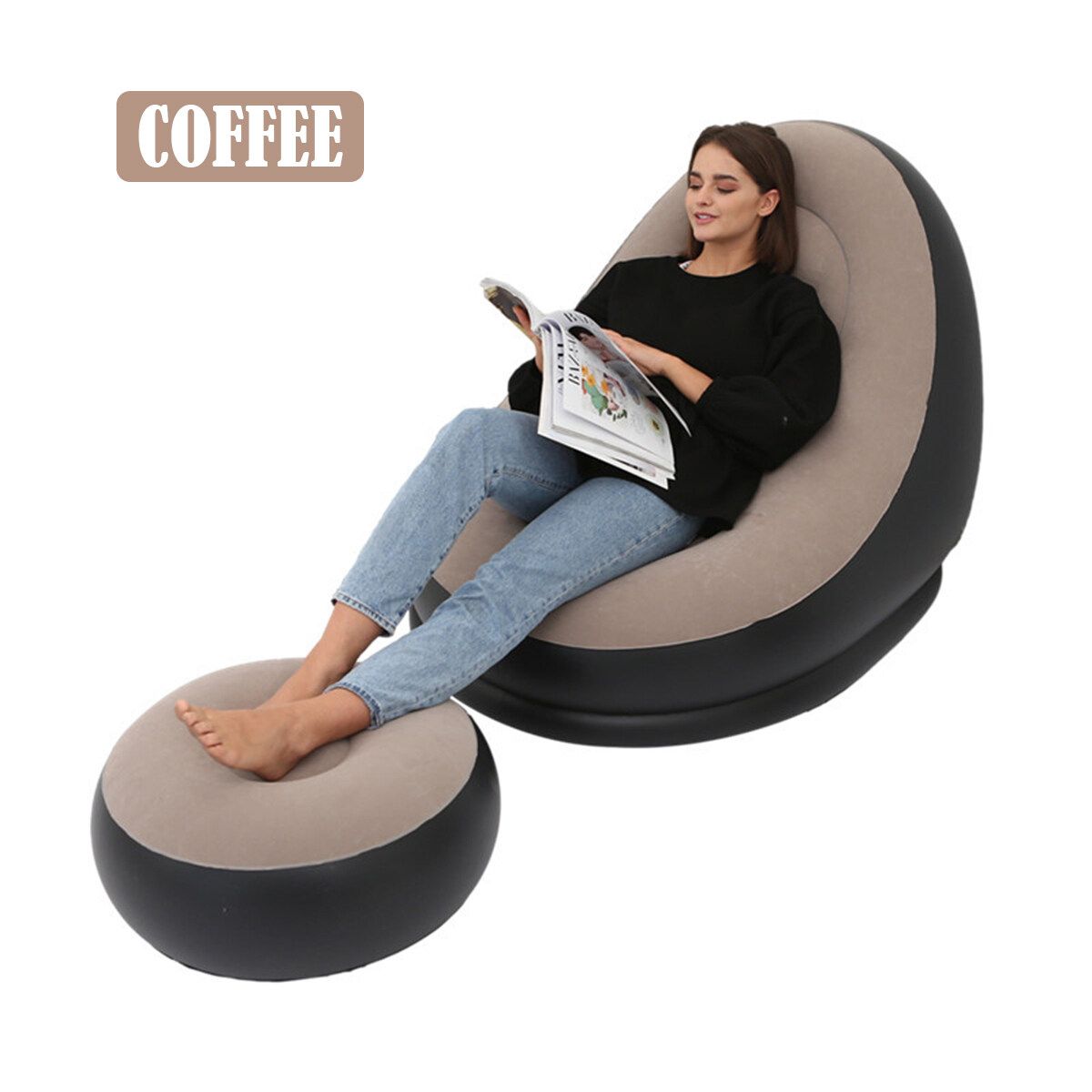 Large Inflatable Lounge Chair Ottoman Set Portable Sofa Footrest Travel Coffee