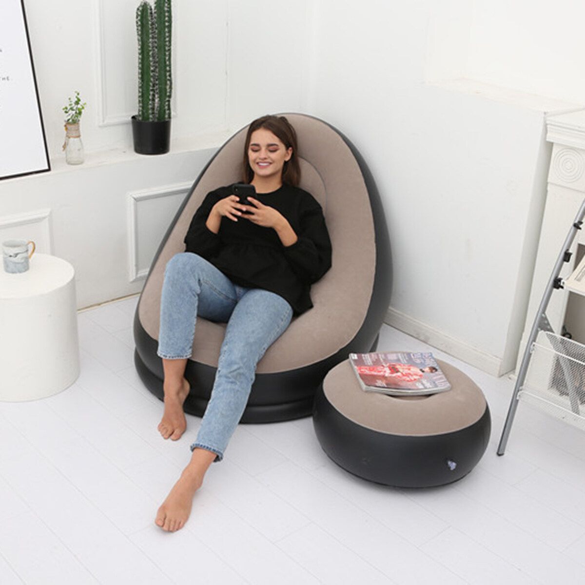 Large Inflatable Lounge Chair Ottoman Set Portable Sofa Footrest Travel Coffee