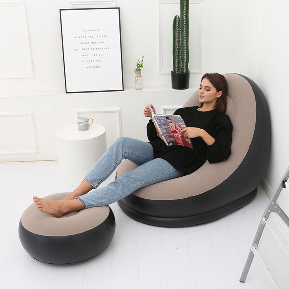 Large Inflatable Lounge Chair Ottoman Set Portable Sofa Footrest Travel Coffee