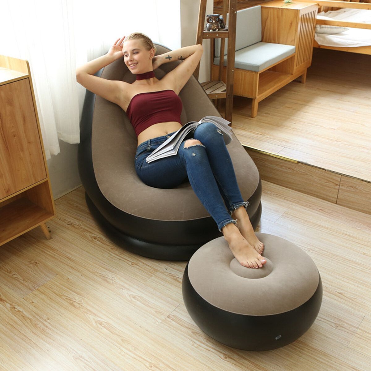 Large Inflatable Lounge Chair Ottoman Set Portable Sofa Footrest Travel Coffee