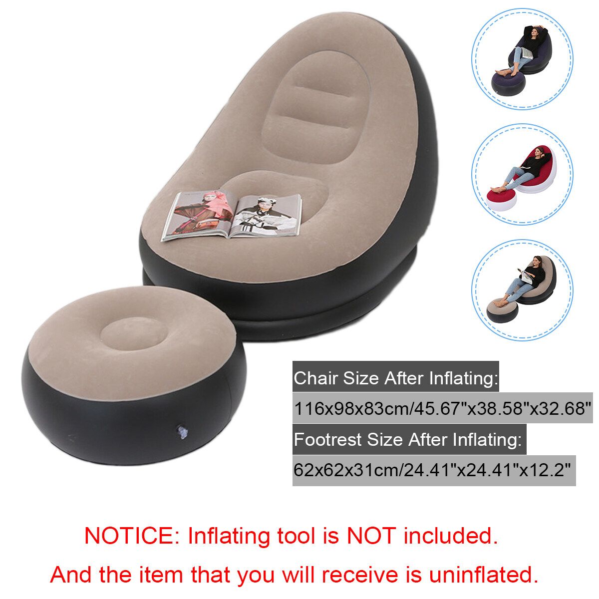 Large Inflatable Lounge Chair Ottoman Set Portable Sofa Footrest Travel Coffee