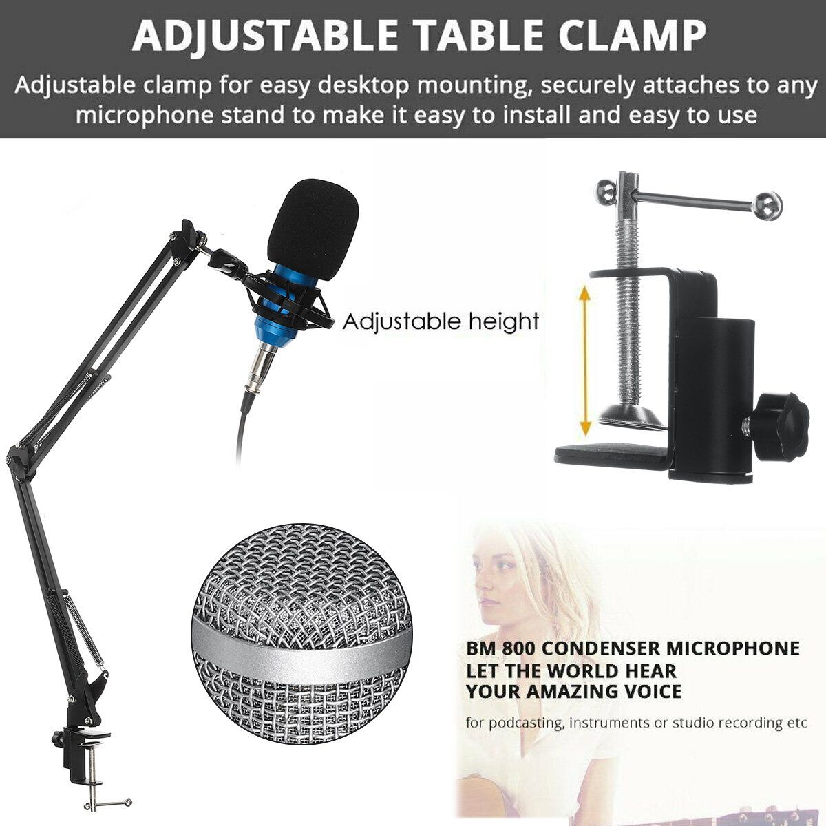 BM800 Condenser Microphone Mic Kit Live Studio Sound Recording Mount Boom Stand Blue