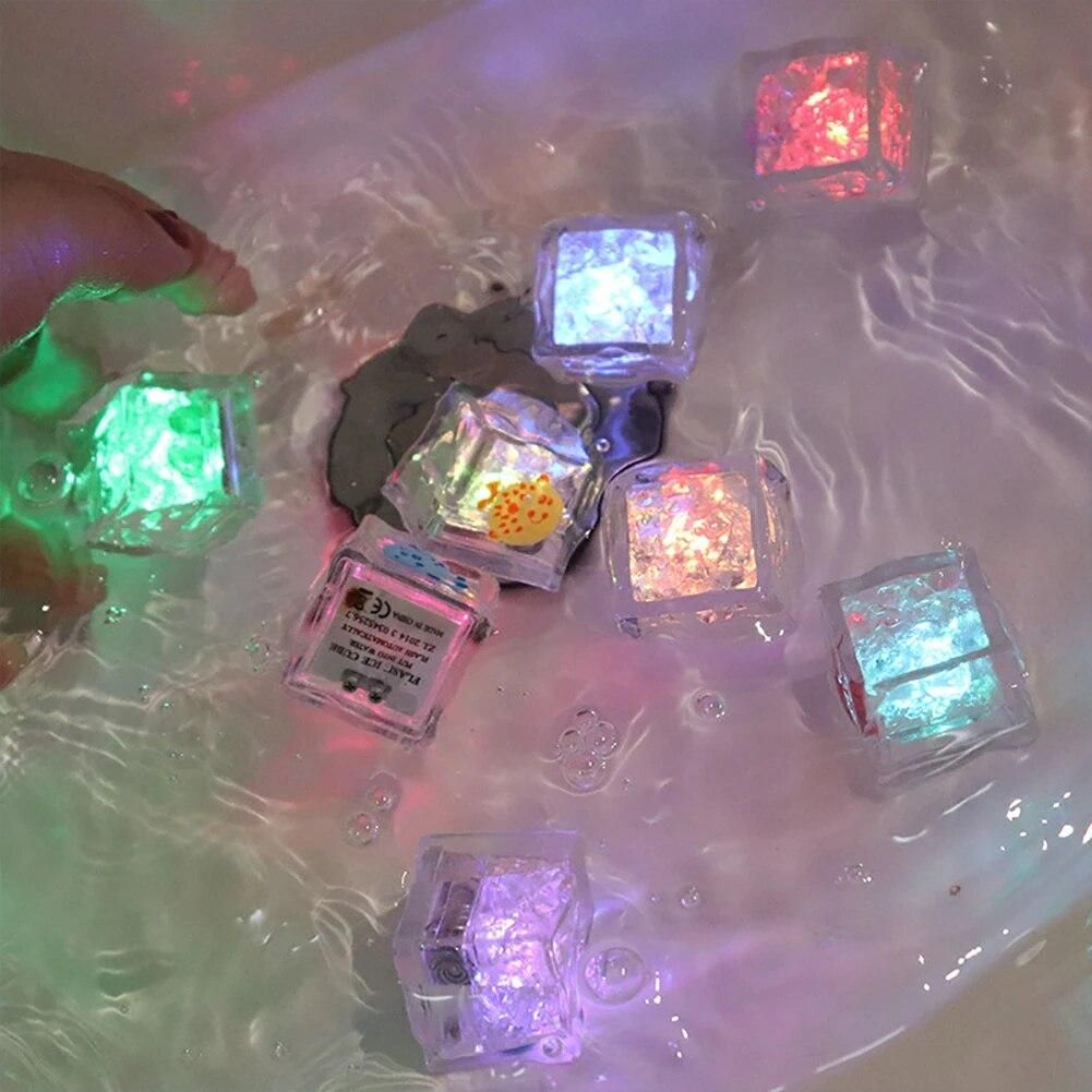 8pcs Flash Ice Cubes Decor Battery Powered LED Light Glowing Ice Cubes Toy Shower Bathtub Ice Toys for Festival Party Decoration