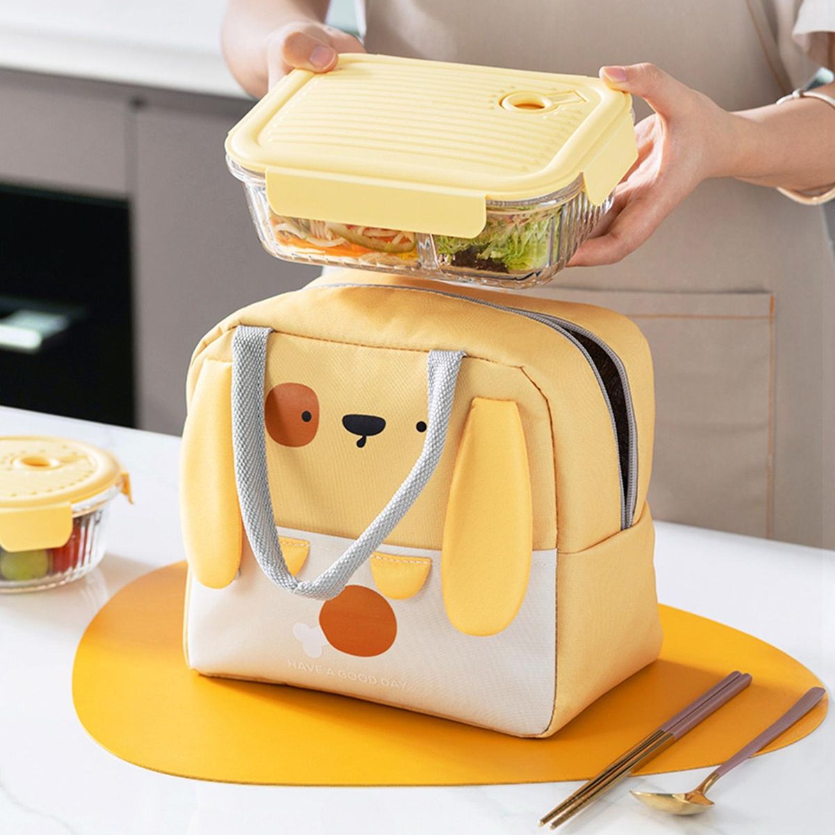 Bento Bag Women Kids Thermal Food Picnic Lunch Box Bag Yellow