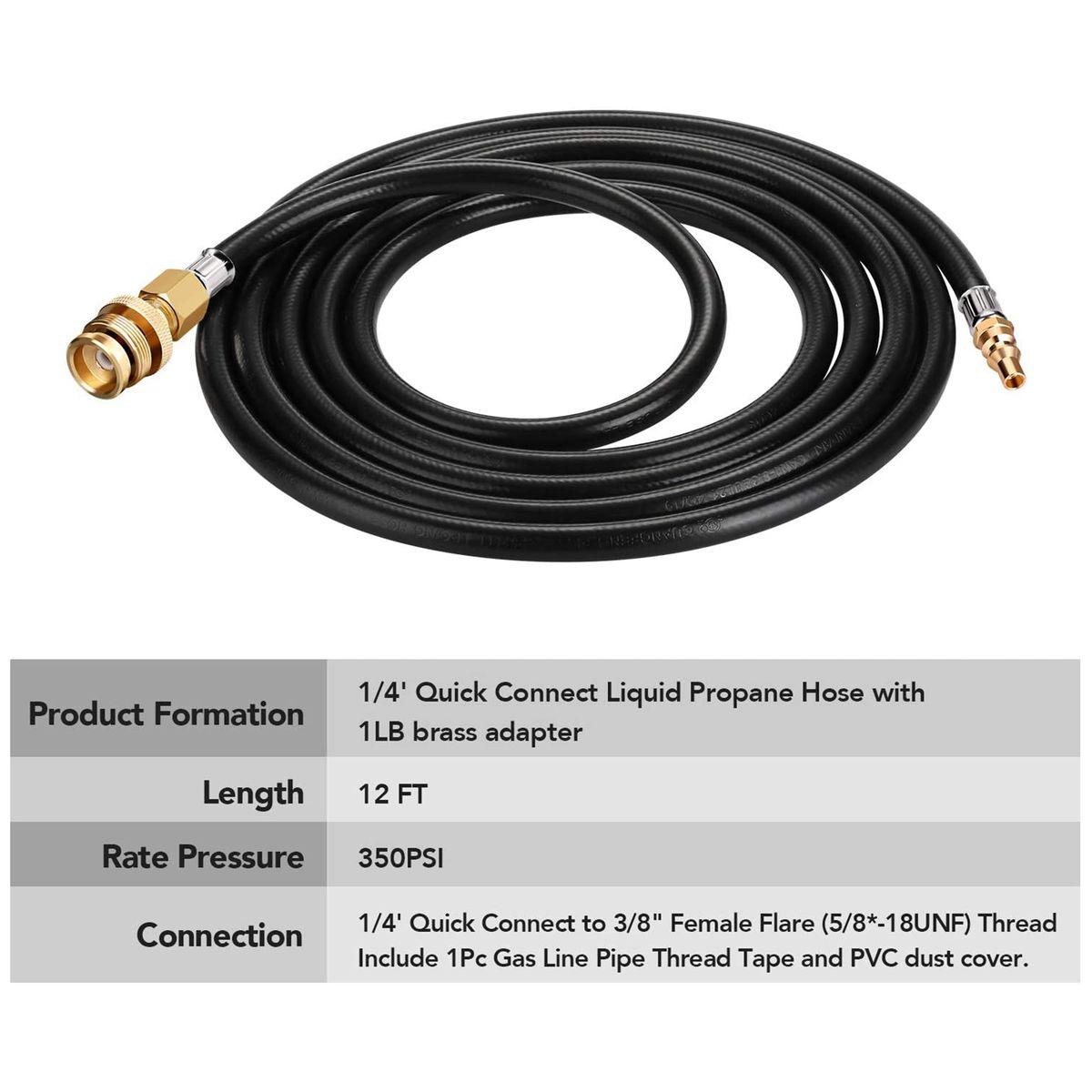 12ft Propane Quick Connect Hose For RV To Ga-s Grill 1/4''